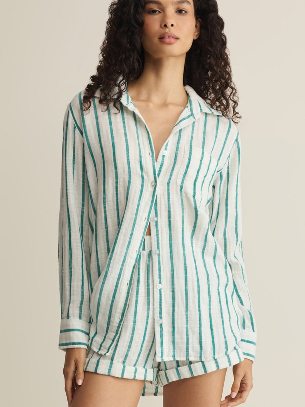 Z Supply Green & White Striped Button-Down Shirt